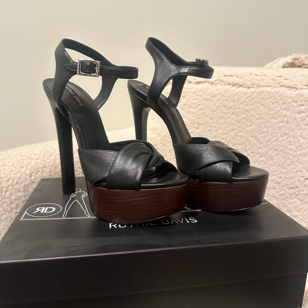Ruthie Davis Black Leather Platform Heels with Brown Wood-Look Sole
